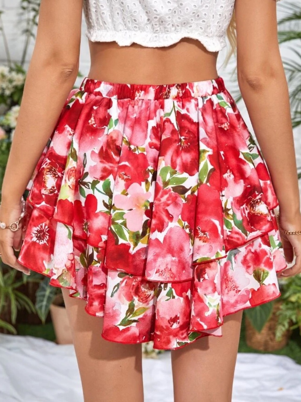 High-Waist Floral Tiered Ruffle Summer Skirt, Pull-on.